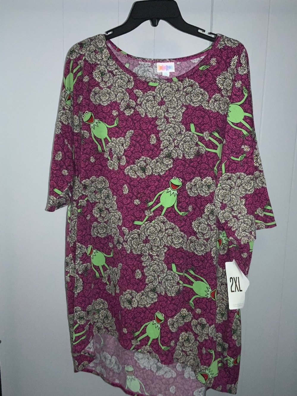 LuLaRoe Irma tunic Disney Kermit the frog Sz 2XL high low hem pink green New